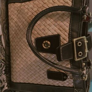 Elegant Tan and Black Woven Handbag